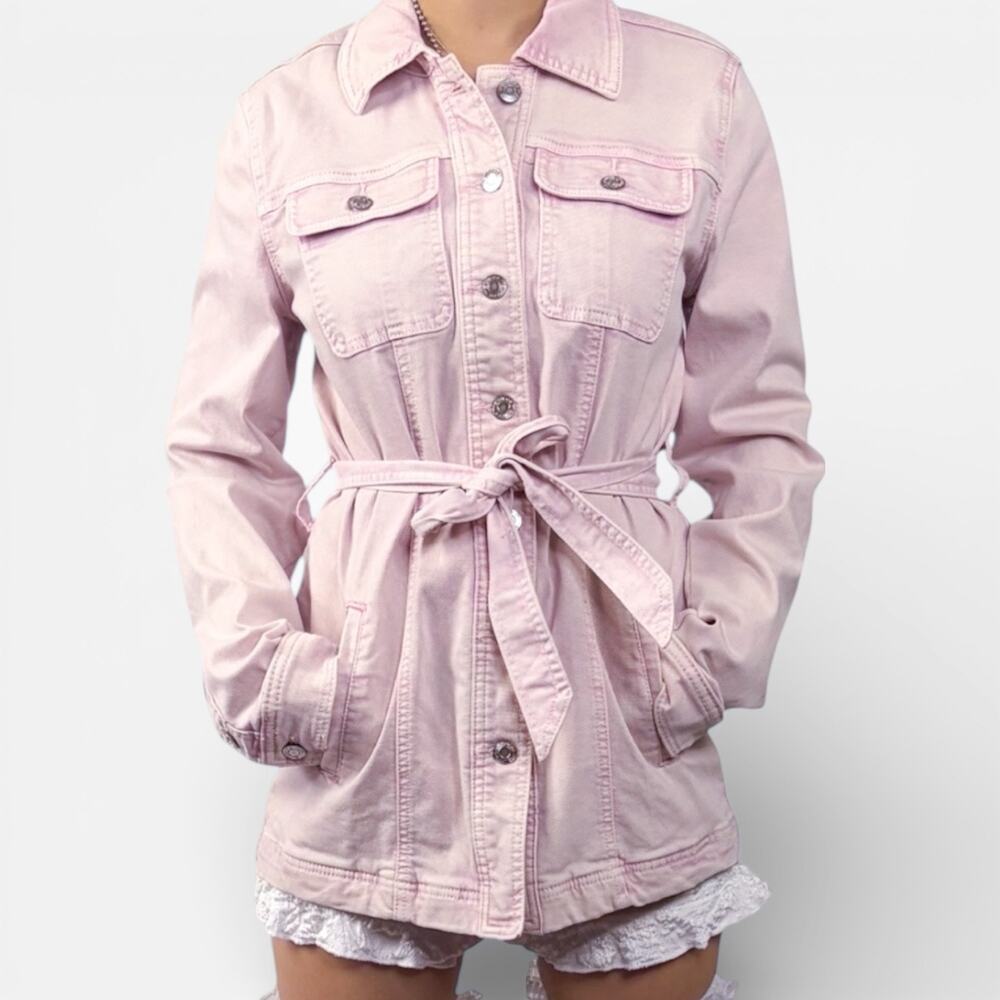 Maurices Washed Out Soft Blush Pink Belted Denim Utility Cargo Jacket Sz XS
